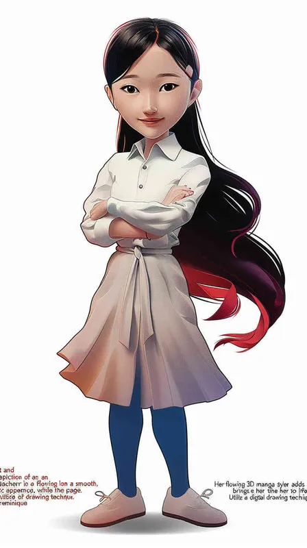 A 3D smooth manga style image of a female teacher, an Asian woman. He has long hair.The person should have an energetic appearance with vibrant colors. Use a cartoonstyle digital drawing technique in the style of Pixar to create a threedimensional effect. White background. High resolution  - style2部分