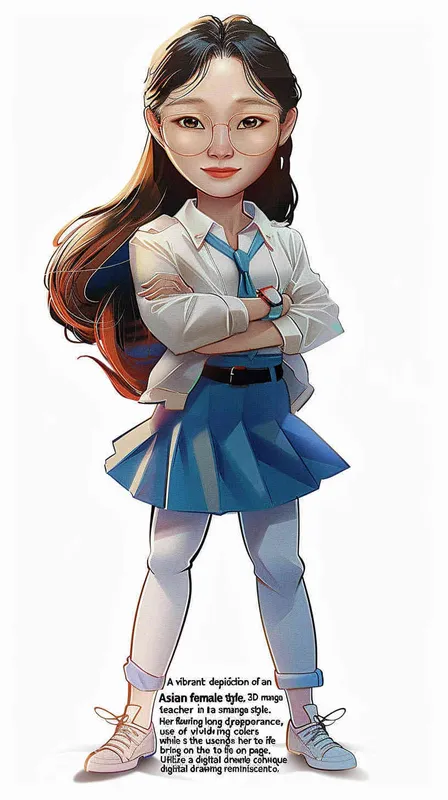 A 3D smooth manga style image of a female teacher, an Asian woman. He has long hair.The person should have an energetic appearance with vibrant colors. Use a cartoonstyle digital drawing technique in the style of Pixar to create a threedimensional effect. White background. High resolution  - style3部分