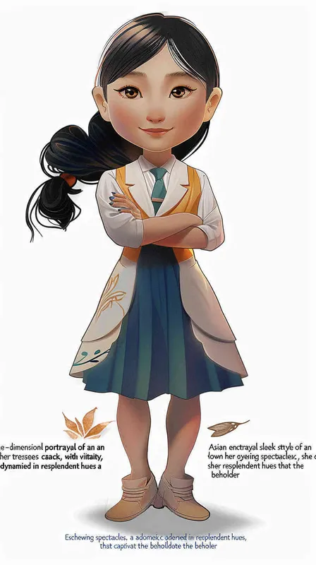 A 3D smooth manga style image of a female, an Asian woman. He has long hair and doesn't wear glasses.The person should have an energetic appearance with vibrant colors. Use a cartoonstyle digital drawing technique in the style of Pixar to create a threedimensional effect. White background. High resolution - style4部分