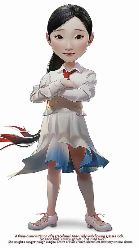 A 3D smooth manga style image of a female, an Asian woman. He has long hair and doesn't wear glasses.The person should have an energetic appearance with vibrant colors. Use a cartoonstyle digital drawing technique in the style of Pixar to create a threedimensional effect. White background. High resolution - style2部分