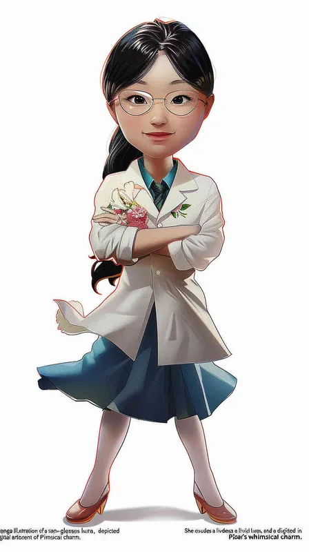 A 3D smooth manga style image of a female, an Asian woman. He has long hair and doesn't wear glasses.The person should have an energetic appearance with vibrant colors. Use a cartoonstyle digital drawing technique in the style of Pixar to create a threedimensional effect. White background. High resolution - style3部分