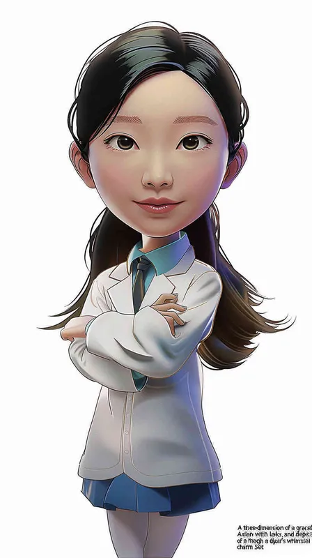 A 3D smooth manga style image of a female, an Asian woman. He has long hair and doesn't wear glasses.The person should have an energetic appearance with vibrant colors. Use a cartoonstyle digital drawing technique in the style of Pixar to create a threedimensional effect. White background. High resolution - style4部分