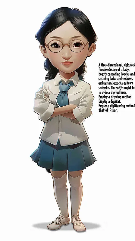 A 3D smooth manga style image of a female teacher, an Asian woman. He has long hair and doesn't wear glasses.The person should have an energetic appearance with vibrant colors. Use a cartoonstyle digital drawing technique in the style of Pixar to create a threedimensional effect. White background. High resolution - style1部分