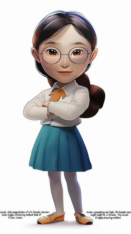 A 3D smooth manga style image of a female teacher, an Asian woman. He has long hair and doesn't wear glasses.The person should have an energetic appearance with vibrant colors. Use a cartoonstyle digital drawing technique in the style of Pixar to create a threedimensional effect. White background. High resolution - style2部分