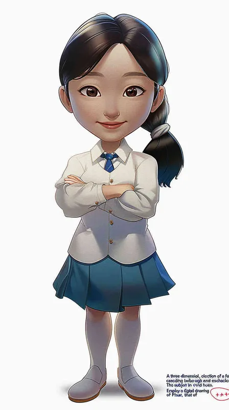 A 3D smooth manga style image of a female teacher, an Asian woman. He has long hair and doesn't wear glasses.The person should have an energetic appearance with vibrant colors. Use a cartoonstyle digital drawing technique in the style of Pixar to create a threedimensional effect. White background. High resolution - style3部分