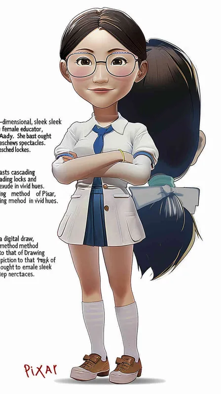 A 3D smooth manga style image of a female teacher, an Asian woman. He has long hair and doesn't wear glasses.The person should have an energetic appearance with vibrant colors. Use a cartoonstyle digital drawing technique in the style of Pixar to create a threedimensional effect. White background. High resolution - style4部分