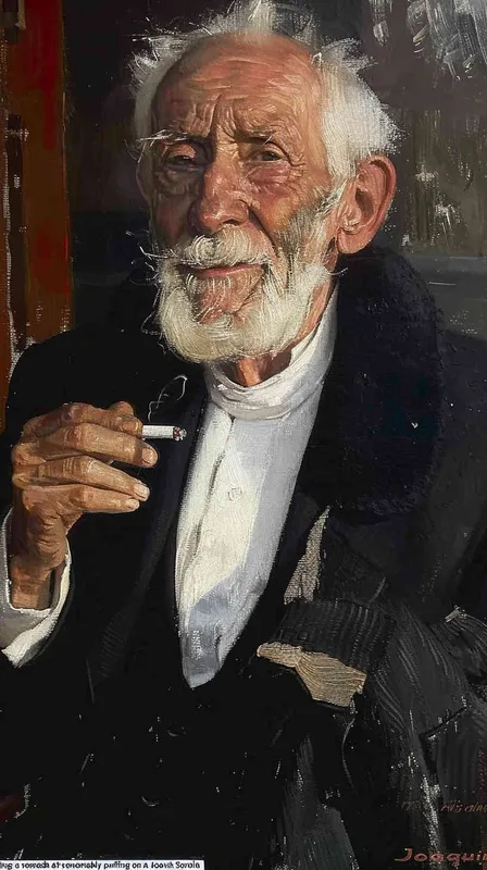 A portrait of an elderly man ,smoking and smiling warmly at the viewer in the style of [Joaquín Sorolla](https://goo.gl/search?artist%20Joaqu%C3%ADn%20Sorolla). He has white hair with a graying beard, he wears a black tuxedo with a long tail, on a dark background with high contrast and low key lighting with soft light. --ar 13:16 [ seed值 - style1部分