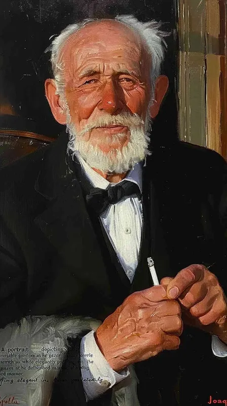 A portrait of an elderly man ,smoking and smiling warmly at the viewer in the style of [Joaquín Sorolla](https://goo.gl/search?artist%20Joaqu%C3%ADn%20Sorolla). He has white hair with a graying beard, he wears a black tuxedo with a long tail, on a dark background with high contrast and low key lighting with soft light. --ar 13:16 [ seed值 - style2部分