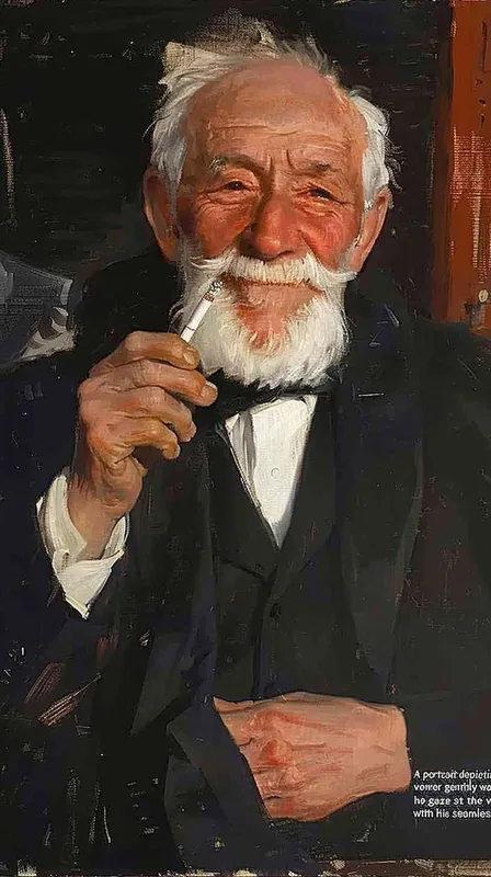 A portrait of an elderly man ,smoking and smiling warmly at the viewer in the style of [Joaquín Sorolla](https://goo.gl/search?artist%20Joaqu%C3%ADn%20Sorolla). He has white hair with a graying beard, he wears a black tuxedo with a long tail, on a dark background with high contrast and low key lighting with soft light. --ar 13:16 [ seed值 - style4部分