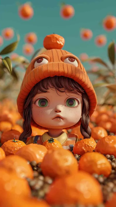 1️⃣ 3D rendering in C4D of a cartoon Q version of a cute little girl wearing an orange hat with oranges on the ground, in the style of cute style, solid color background, cute modeling in a chibi style with bright colors.  - style1部分