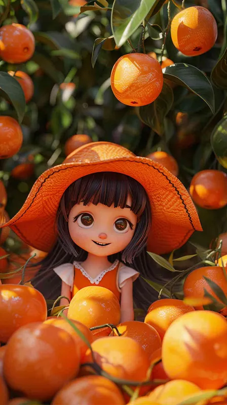 1️⃣ 3D rendering in C4D of a cartoon Q version of a cute little girl wearing an orange hat with oranges on the ground, in the style of cute style, solid color background, cute modeling in a chibi style with bright colors.  - style2部分