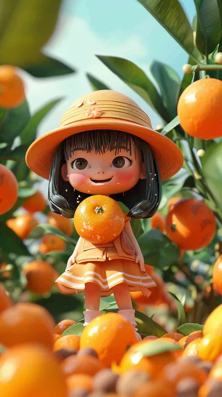 1️⃣ 3D rendering in C4D of a cartoon Q version of a cute little girl wearing an orange hat with oranges on the ground, in the style of cute style, solid color background, cute modeling in a chibi style with bright colors.  - style3部分