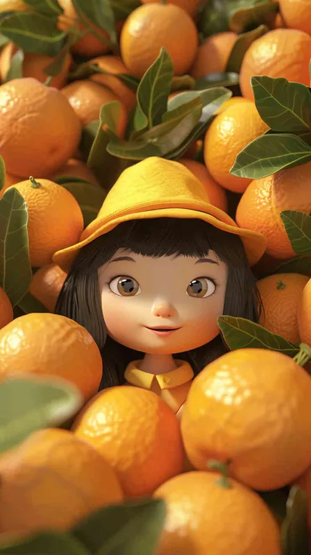 1️⃣ 3D rendering in C4D of a cartoon Q version of a cute little girl wearing an orange hat with oranges on the ground, in the style of cute style, solid color background, cute modeling in a chibi style with bright colors.  - style4部分