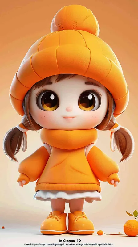3D rendering in C4D of a cartoon Q version of a cute little girl wearing an orange hat , in the style of cute style, white background, cute modeling in a chibi style with bright colors. - style1部分