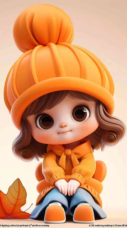 3D rendering in C4D of a cartoon Q version of a cute little girl wearing an orange hat , in the style of cute style, white background, cute modeling in a chibi style with bright colors. - style2部分