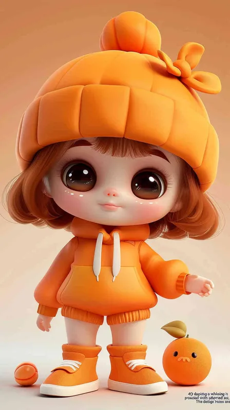 3D rendering in C4D of a cartoon Q version of a cute little girl wearing an orange hat , in the style of cute style, white background, cute modeling in a chibi style with bright colors. - style3部分