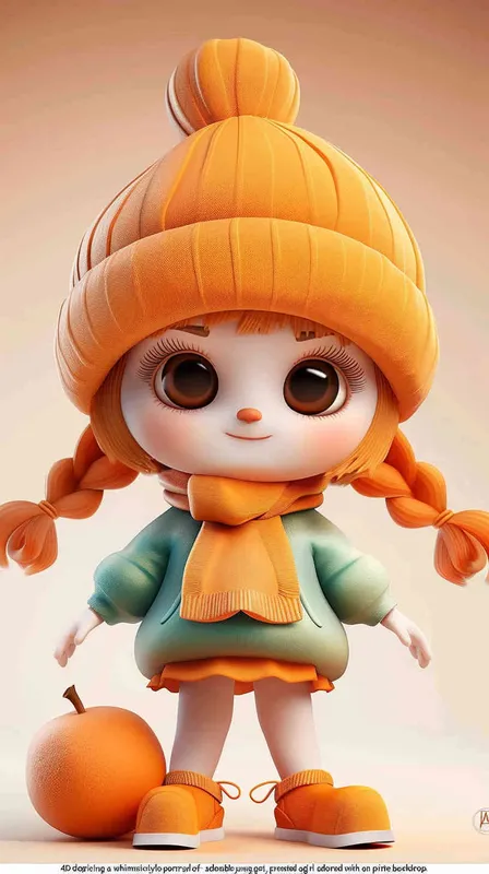 3D rendering in C4D of a cartoon Q version of a cute little girl wearing an orange hat , in the style of cute style, white background, cute modeling in a chibi style with bright colors. - style4部分
