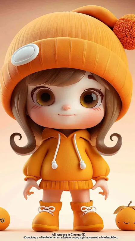 3D rendering in C4D of a cartoon Q version of a cute little girl wearing an orange hat , in the style of cute style, white background, cute modeling in a chibi style with bright colors. - style1部分