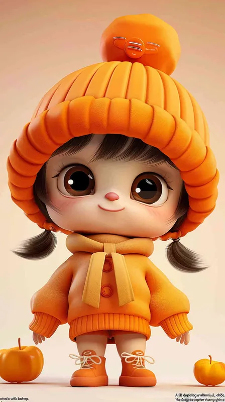 3D rendering in C4D of a cartoon Q version of a cute little girl wearing an orange hat , in the style of cute style, white background, cute modeling in a chibi style with bright colors. - style3部分