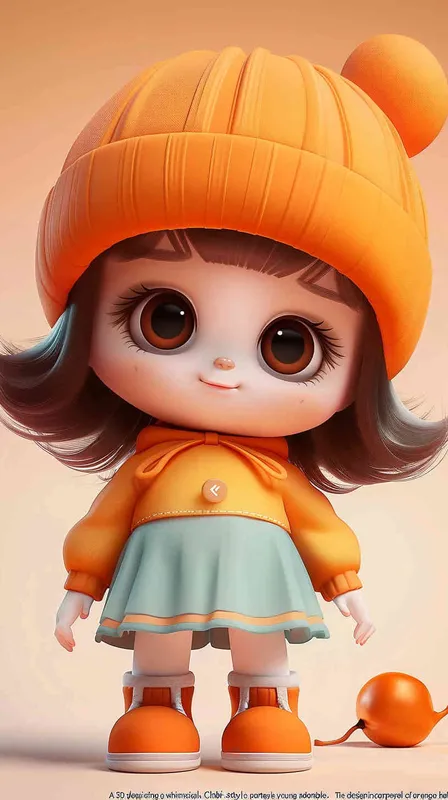 3D rendering in C4D of a cartoon Q version of a cute little girl wearing an orange hat , in the style of cute style, white background, cute modeling in a chibi style with bright colors. - style4部分