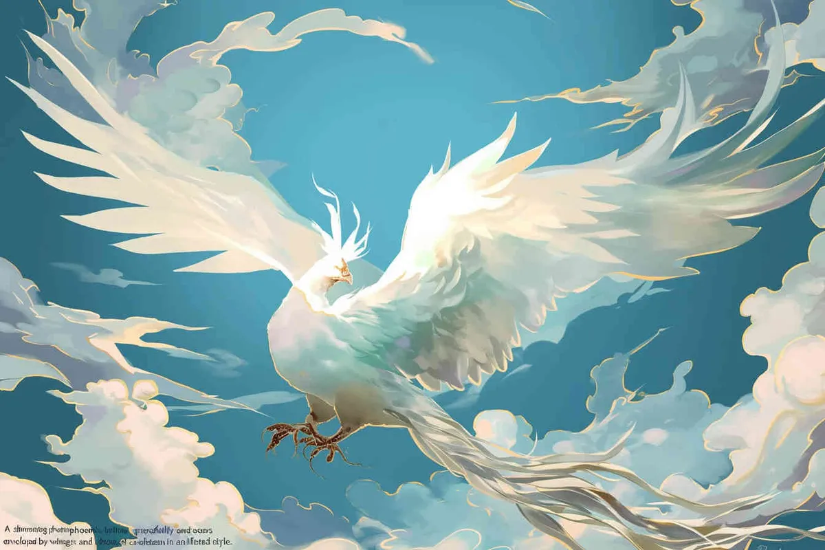 A silver phoenix spreads its wings and flies high, surrounded by white auspicious clouds, with a background of light blue ，lllustrated style - style1部分