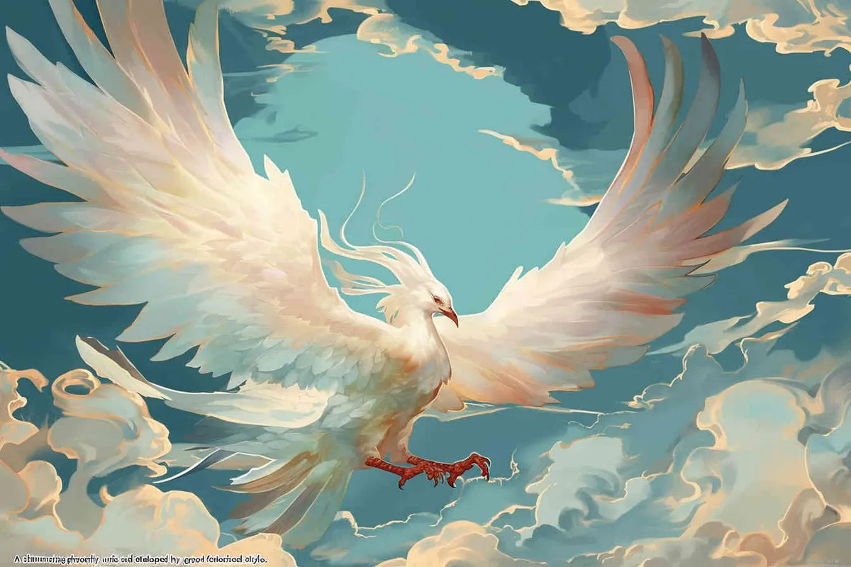 A silver phoenix spreads its wings and flies high, surrounded by white auspicious clouds, with a background of light blue ，lllustrated style - style2部分