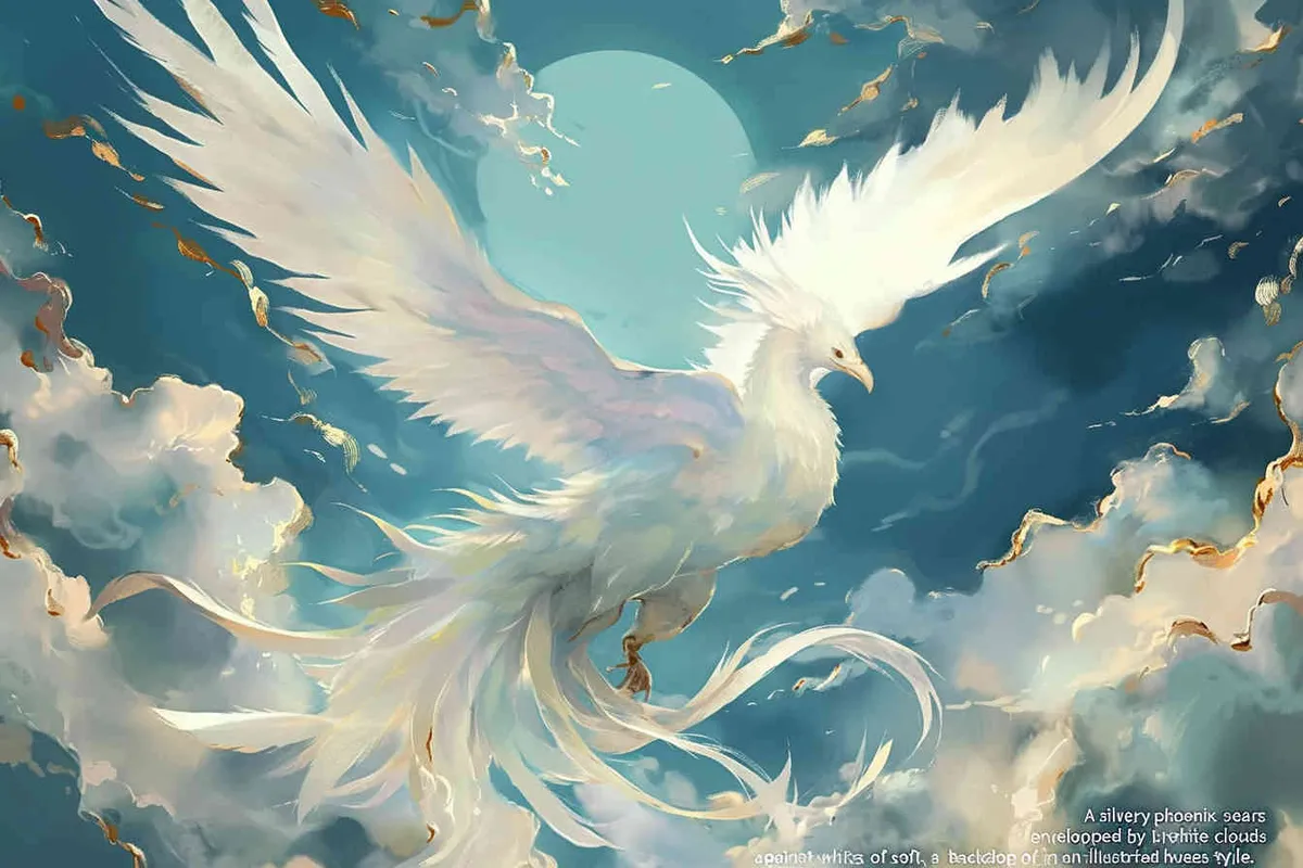 A silver phoenix spreads its wings and flies high, surrounded by white auspicious clouds, with a background of light green ，lllustrated style - style2部分