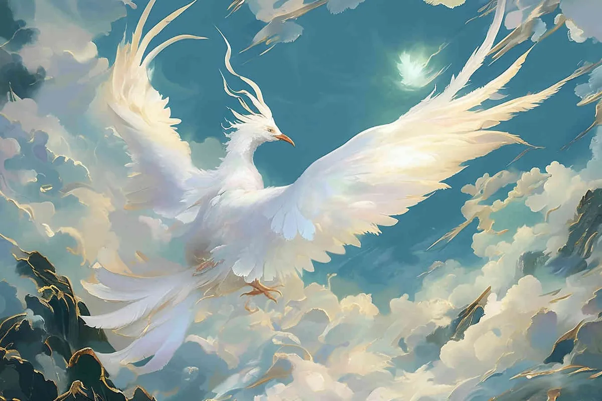 A silver phoenix spreads its wings and flies high, surrounded by white auspicious clouds, with a background of light green ，lllustrated style - style3部分