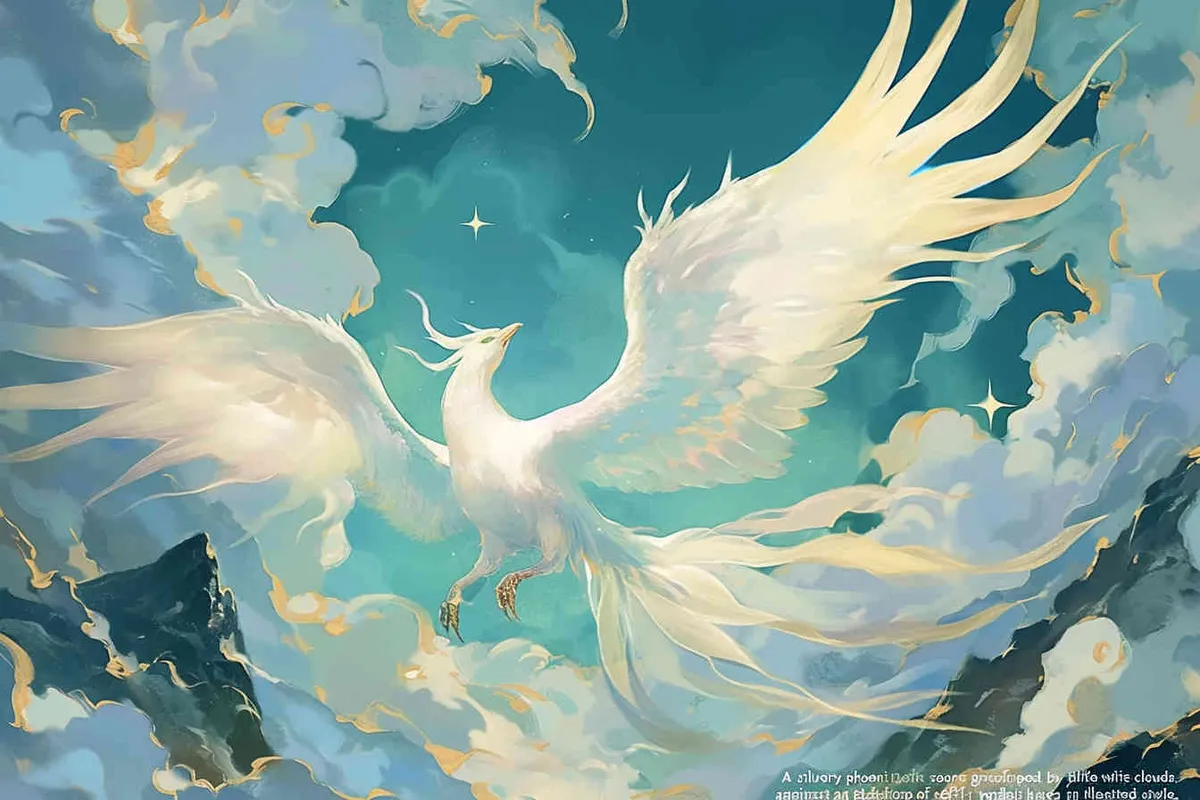 A silver phoenix spreads its wings and flies high, surrounded by white auspicious clouds, with a background of light green ，lllustrated style - style4部分