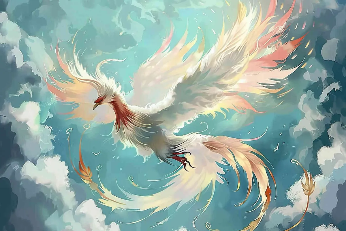 A silver phoenix spreads its wings and flies high, surrounded by white auspicious clouds, with a background of light blue ，lllustrated style - style1部分