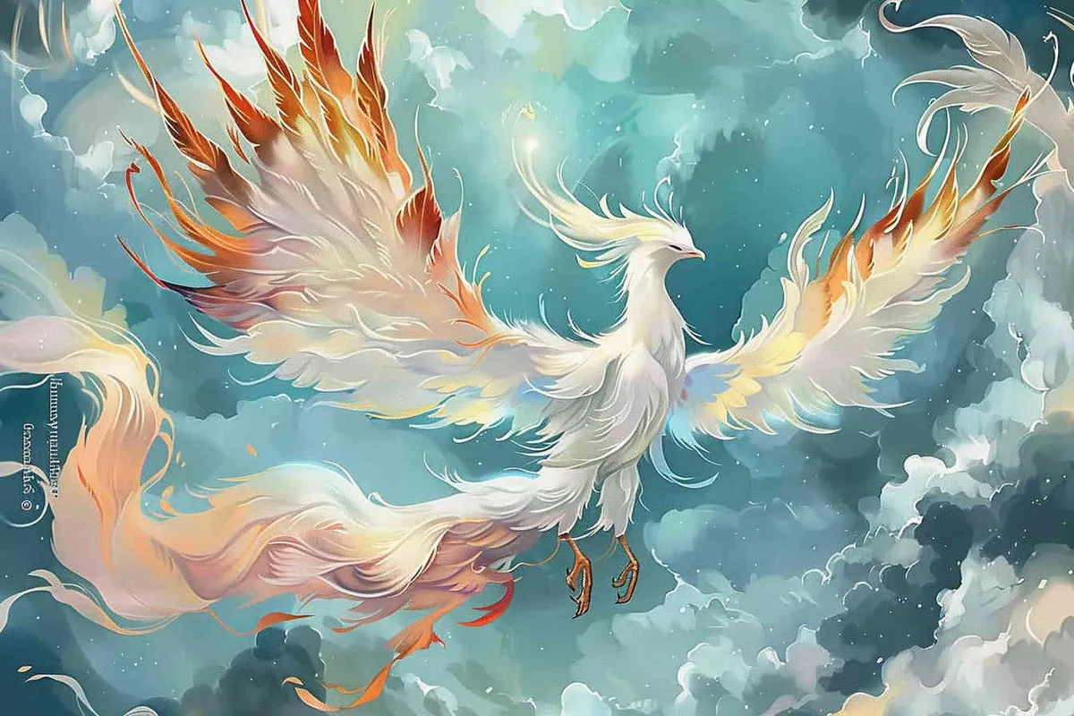 A silver phoenix spreads its wings and flies high, surrounded by white auspicious clouds, with a background of light blue ，lllustrated style - style2部分