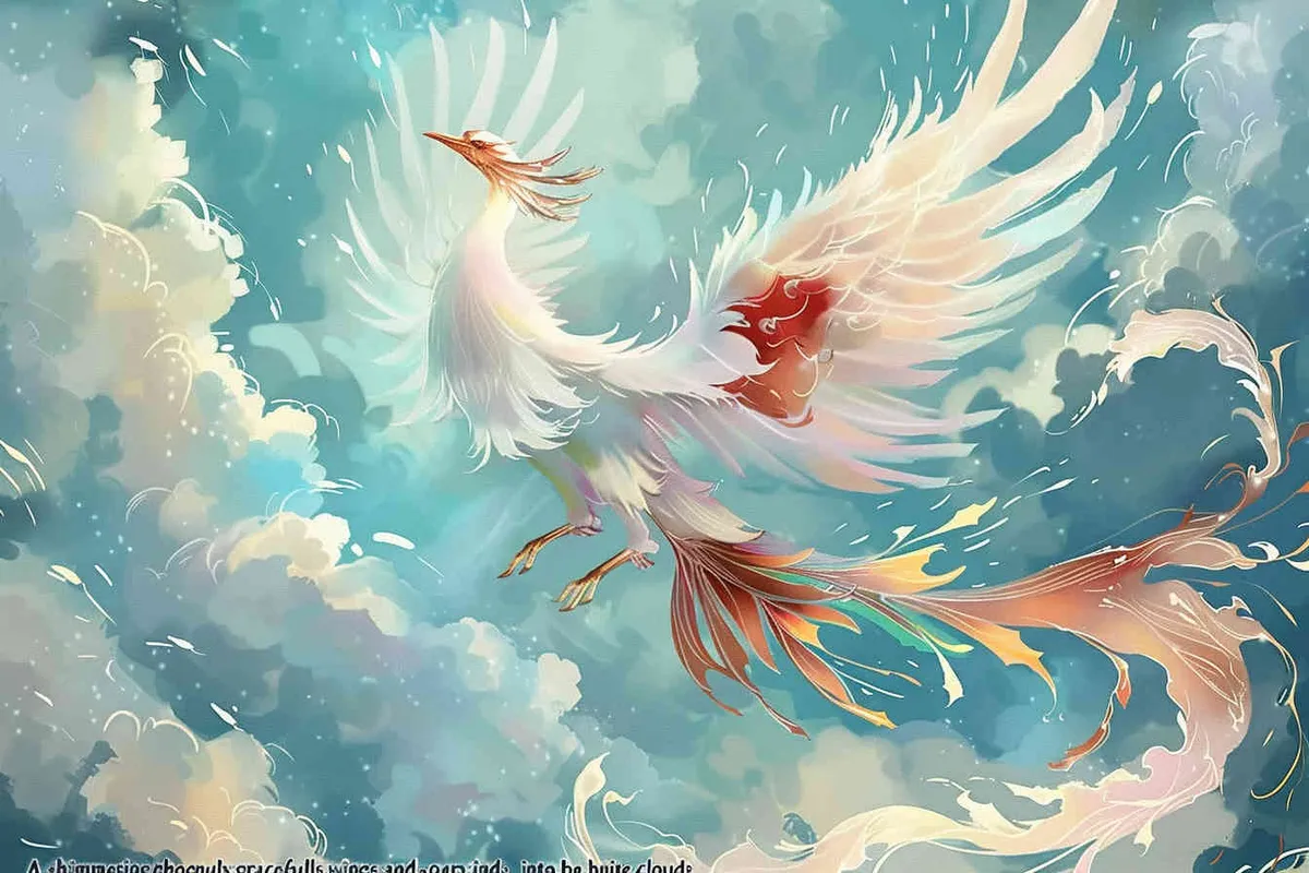 A silver phoenix spreads its wings and flies high, surrounded by white auspicious clouds, with a background of light blue ，lllustrated style - style3部分