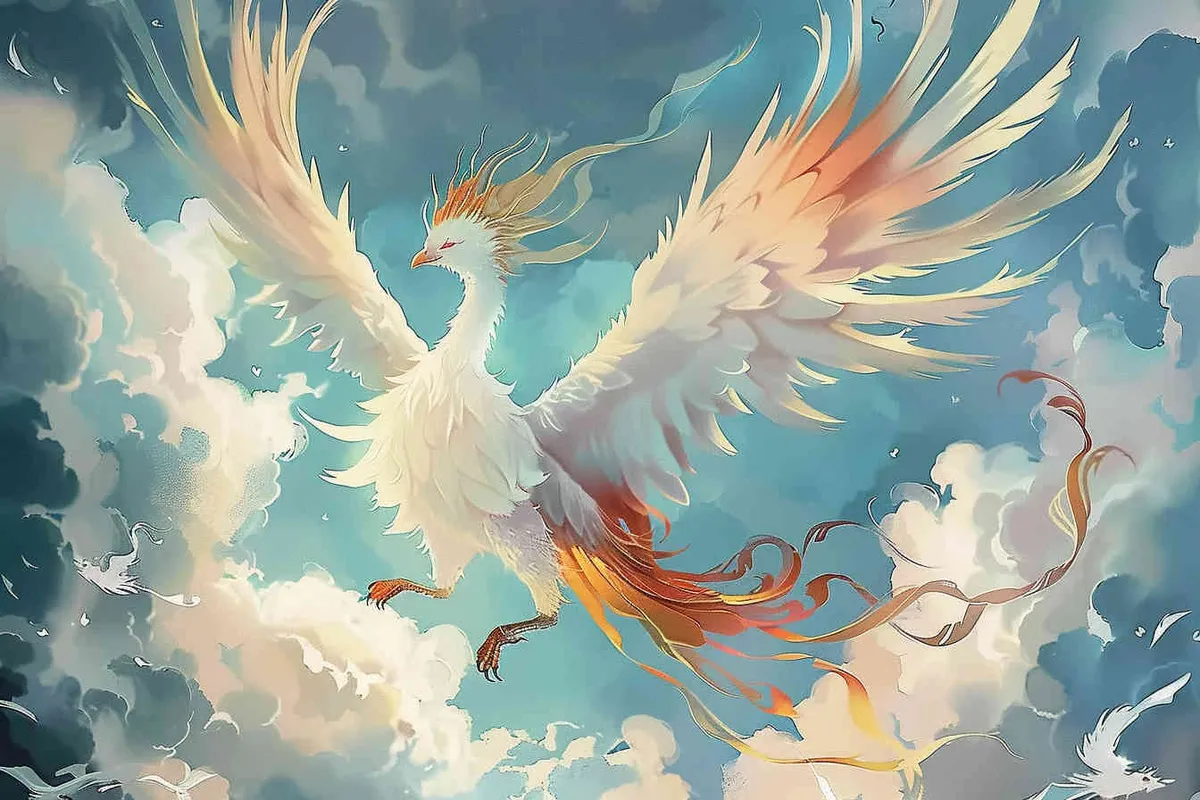 A silver phoenix spreads its wings and flies high, surrounded by white auspicious clouds, with a background of light blue ，lllustrated style - style4部分
