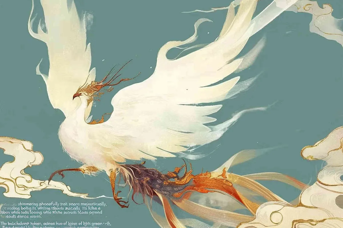 A silver phoenix spreads its wings and flies high, with its tail trailing and white auspicious clouds surrounding it. The background is light green, and it is meticulously painted - style1部分