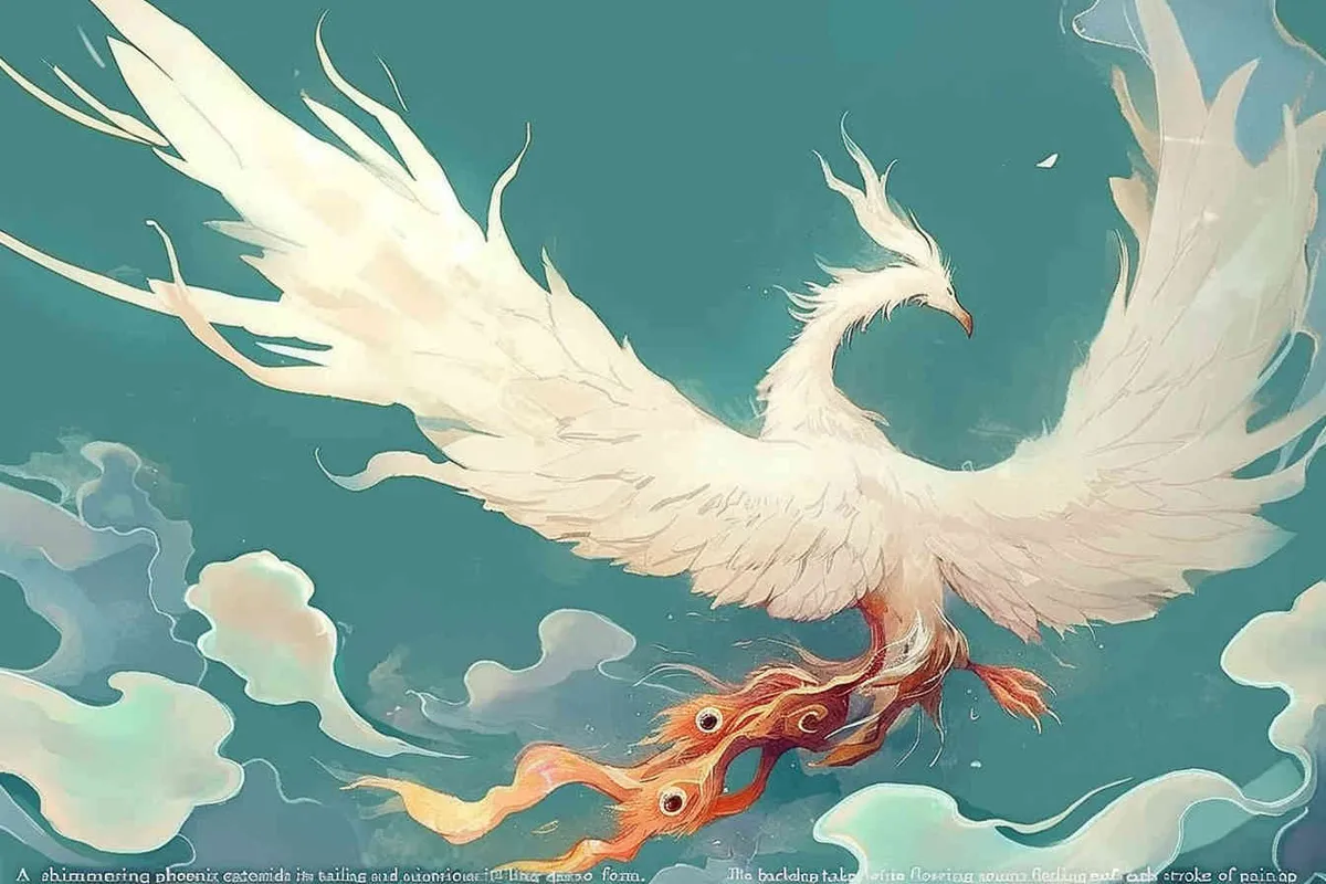 A silver phoenix spreads its wings and flies high, with its tail trailing and white auspicious clouds surrounding it. The background is light green, and it is meticulously painted - style2部分