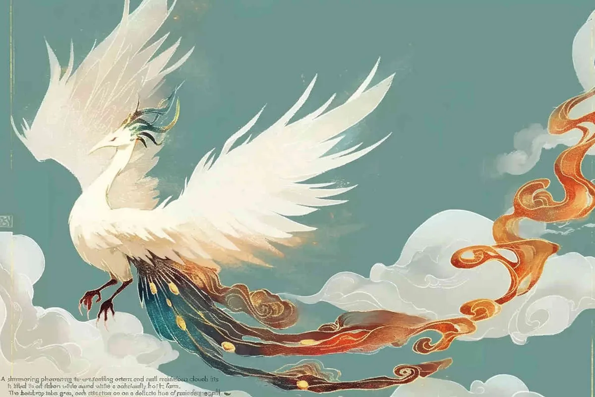 A silver phoenix spreads its wings and flies high, with its tail trailing and white auspicious clouds surrounding it. The background is light green, and it is meticulously painted - style4部分