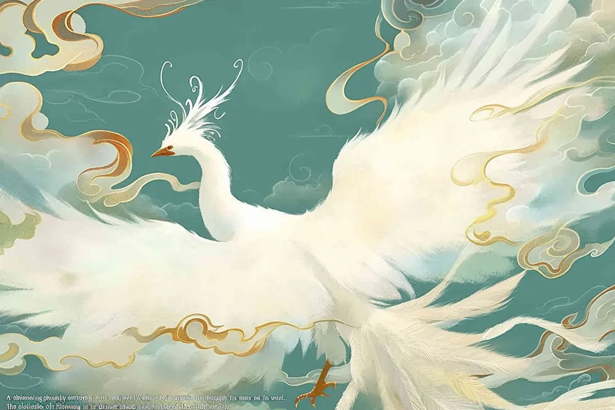 A silver phoenix spreads its wings and flies high, with its tail trailing behind, surrounded by white auspicious clouds. The background color is light green, painted very meticulously, with a complex illustration style – AI绘画作品展示 | Midjourney中文版生成
