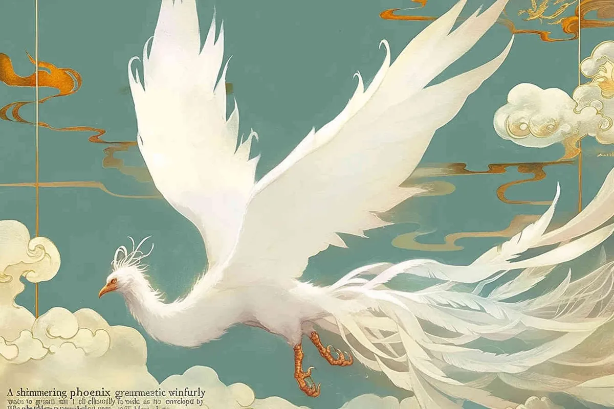 A silver phoenix spreads its wings and flies high, with its tail trailing behind, surrounded by white auspicious clouds. The background color is light green, painted very meticulously, with a complex illustration style - style2部分