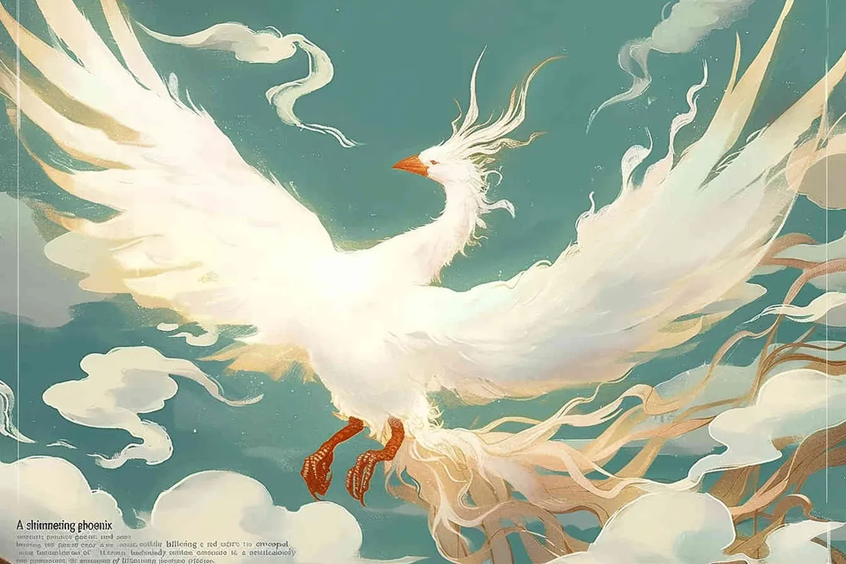 A silver phoenix spreads its wings and flies high, with its tail trailing behind, surrounded by white auspicious clouds. The background color is light green, painted very meticulously, with a complex illustration style - style3部分