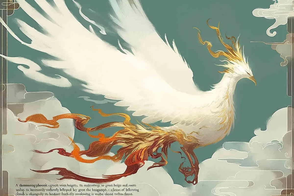 A silver phoenix spreads its wings and flies high, with its tail trailing behind, surrounded by white auspicious clouds. The background color is light green, painted very meticulously, with a complex illustration style - style4部分