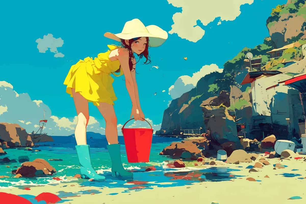 An IP image of a scenic spot girl chasing the sea, wearing a conch hat, a yellow swimsuit set, blue rain boots, and a red bucket in hand，3 – AI绘画作品展示 | Midjourney中文版生成