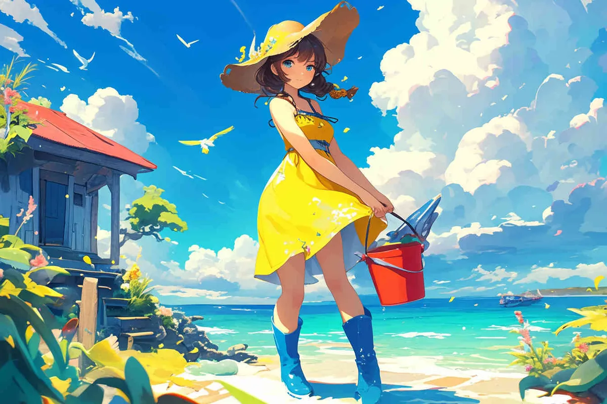 An IP image of a scenic spot girl chasing the sea, wearing a conch hat, a yellow swimsuit set, blue rain boots, and a red bucket in hand，3 - style2部分