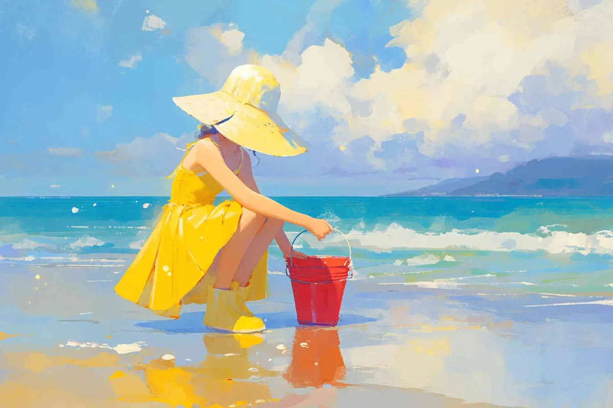 An IP image of a scenic spot girl chasing the sea, wearing a conch hat, a yellow swimsuit set, blue rain boots, and a red bucket in hand，3 - style4部分