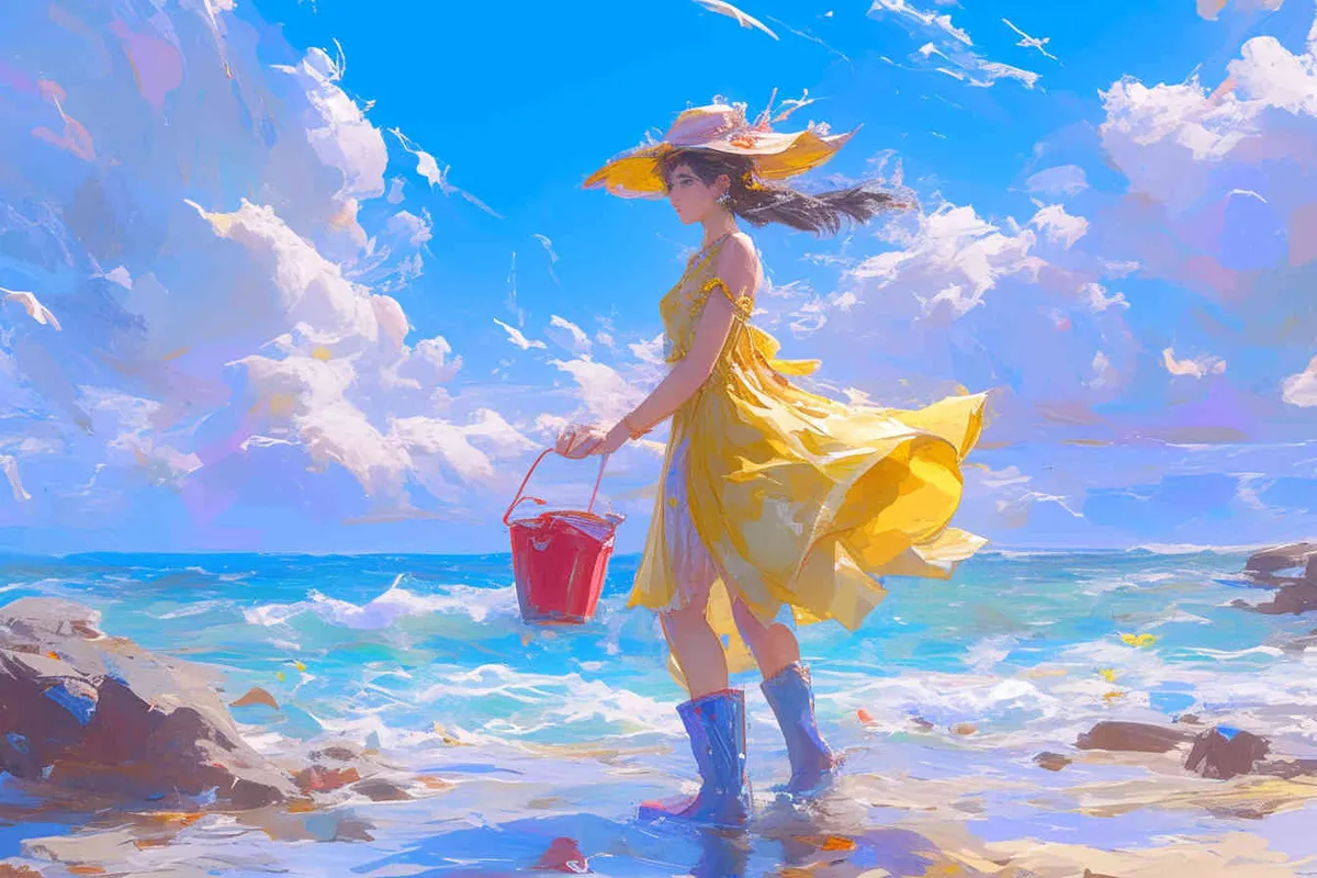 An IP image of a scenic spot girl chasing the sea, front view ，wearing a conch shaped hat，wearing a yellow swimsuit set, blue rain boots, and a red bucket in hand，Q-version art styl - style1部分