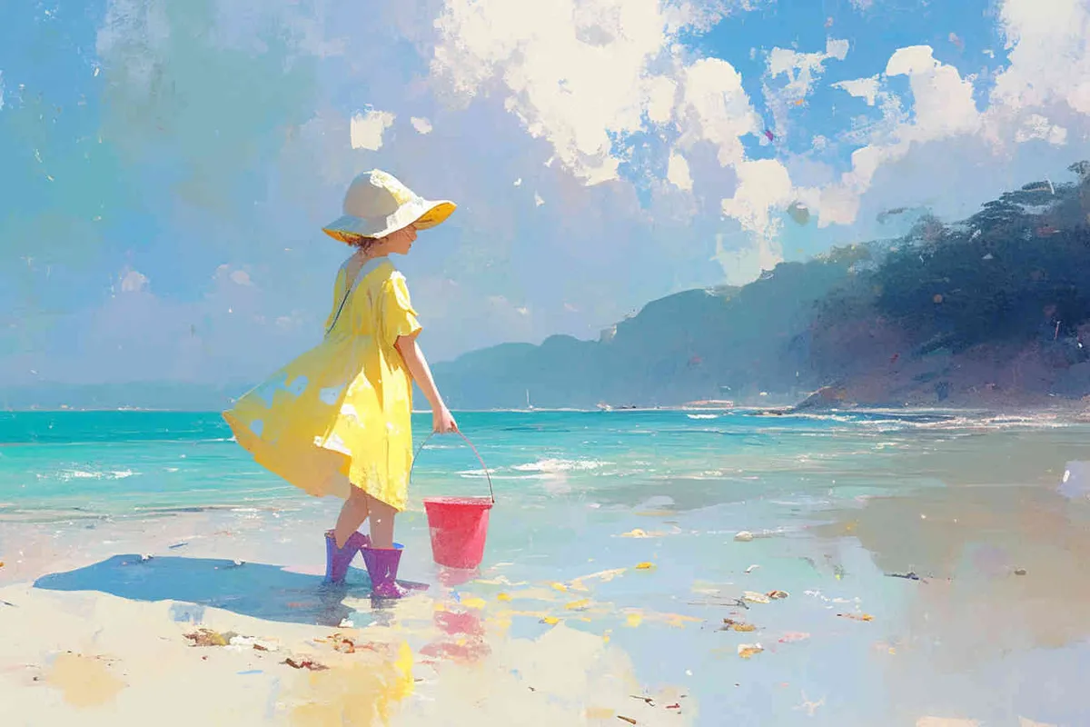 An IP image of a scenic spot girl chasing the sea, front view ，wearing a conch shaped hat，wearing a yellow swimsuit set, blue rain boots, and a red bucket in hand，Q-version art styl - style2部分