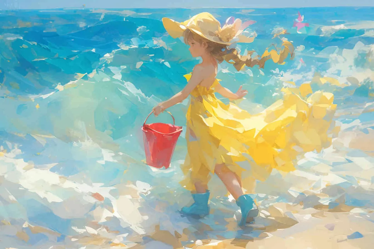 An IP image of a scenic spot girl chasing the sea, front view ，wearing a conch shaped hat，wearing a yellow swimsuit set, blue rain boots, and a red bucket in hand，Q-version art styl - style3部分