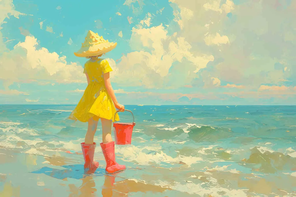 An IP image of a scenic spot girl chasing the sea, front view ，wearing a conch shaped hat，wearing a yellow swimsuit set, blue rain boots, and a red bucket in hand，Q-version art styl - style4部分