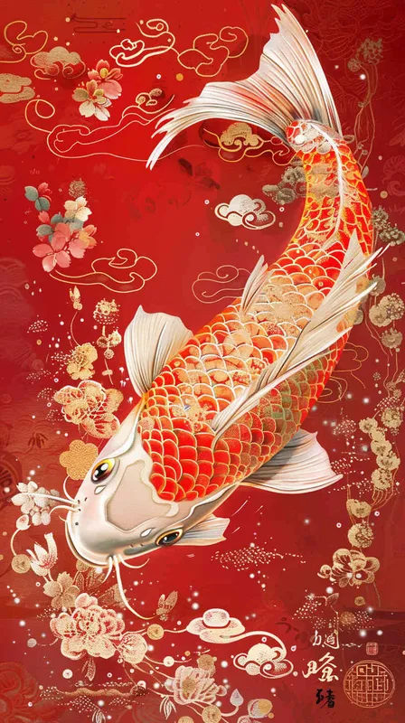  An illustration of an elegant koi fish, its scales shimmering in the light, set against a vibrant red background with auspicious cloud patterns. A Chinese New Year poster design featuring a detailed depiction of golden carp leaping out from water and traditional elements such as clouds, flowers, and dragon motifs, symbolizing good fortune during the beginning or end time, in the style of traditional Chinese artists.  - style1部分