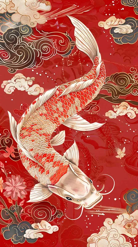  An illustration of an elegant koi fish, its scales shimmering in the light, set against a vibrant red background with auspicious cloud patterns. A Chinese New Year poster design featuring a detailed depiction of golden carp leaping out from water and traditional elements such as clouds, flowers, and dragon motifs, symbolizing good fortune during the beginning or end time, in the style of traditional Chinese artists.  - style2部分