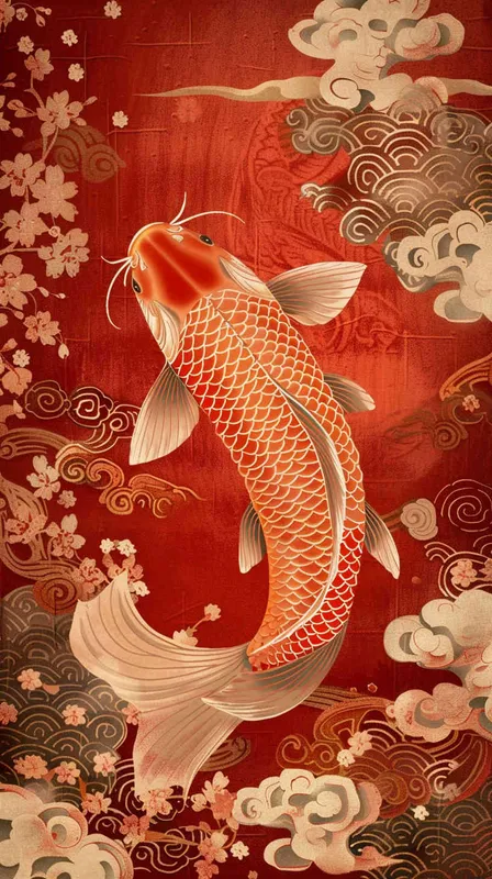  An illustration of an elegant koi fish, its scales shimmering in the light, set against a vibrant red background with auspicious cloud patterns. A Chinese New Year poster design featuring a detailed depiction of golden carp leaping out from water and traditional elements such as clouds, flowers, and dragon motifs, symbolizing good fortune during the beginning or end time, in the style of traditional Chinese artists.  - style3部分